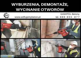 WYCINANIE OTWORÓW W ŚCIANACH, WYBURZENIA, ROZBIÓRKI W OBIEKTACH-Bytów okolice