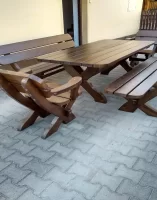 Meble ogrodowe drewniane stół 2 ławki 2 fotele zestaw 
