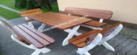 Meble ogrodowe drewniane stół 2 ławki 2 fotele zestaw 