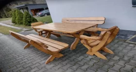 Meble ogrodowe drewniane stół 2 ławki 2 fotele zestaw 