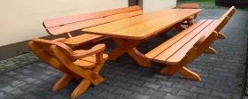 Stół ogrodowy 2 ławki 2 fotele zestaw mebli ogrodowych drewnianych 
