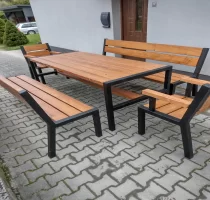 Zestaw mebli metalowo drewnianych loft stół ławki fotele 