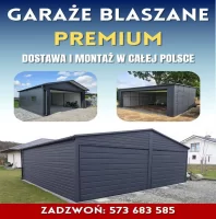 Garaż blaszany w kolorze grafit z bramą uchylną i dodatkami